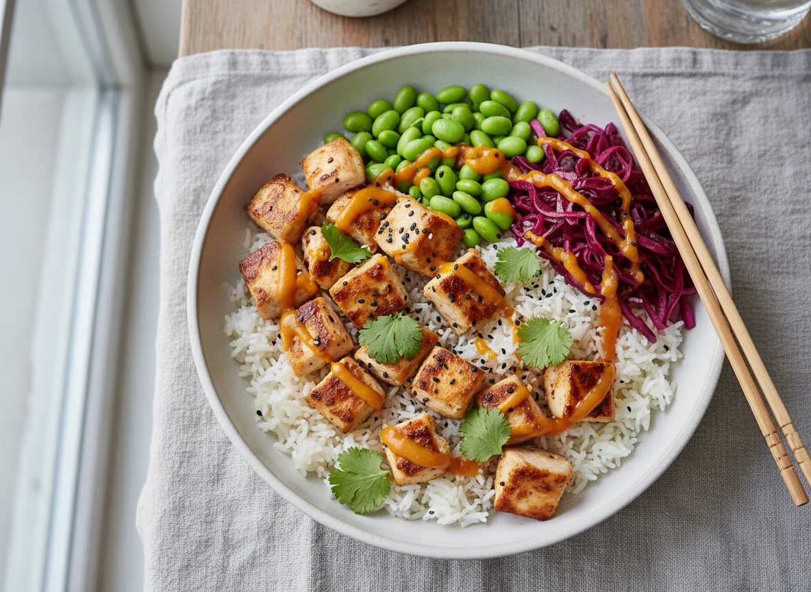 Hähnchen-Reis-Bowl mit Edamame und Rotkohl photo