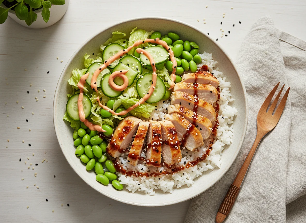 Hähnchen-Reis-Bowl mit Edamame und Salat photo