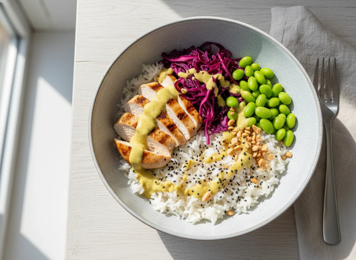 Hähnchen-Reis-Bowl mit Erdnüssen und Rotkohl photo
