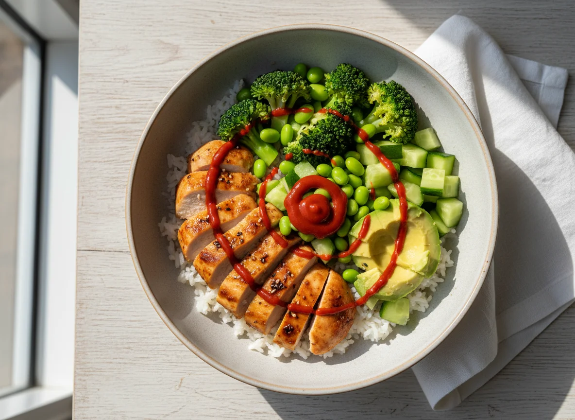 Hähnchen-Reis-Bowl mit Gemüse und Avocado photo