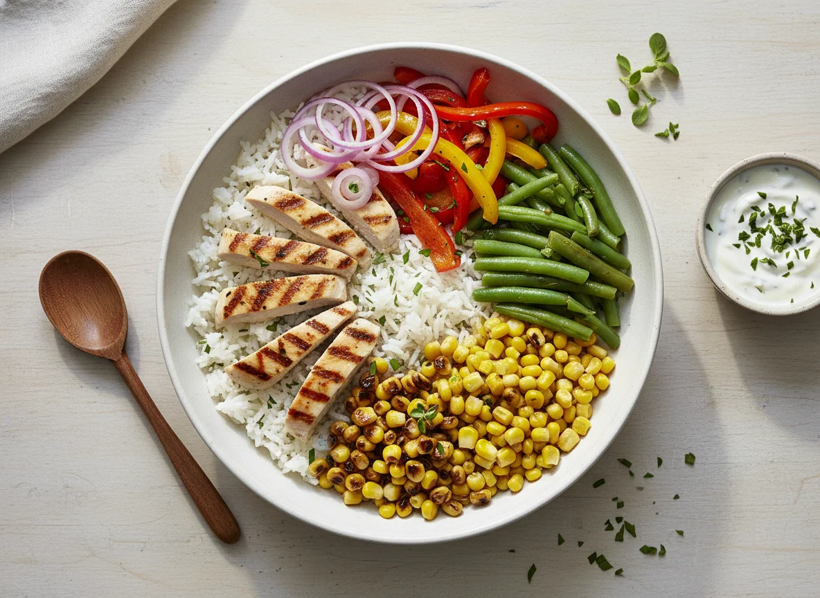 Hähnchen-Reis-Bowl mit Gemüse und Dip photo