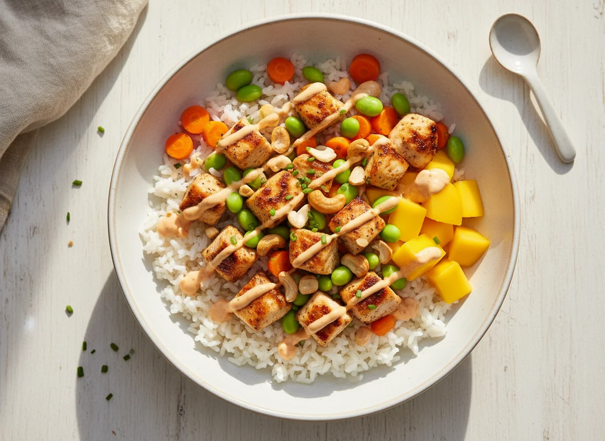 Hähnchen-Reis-Bowl mit Gemüse und Mango photo