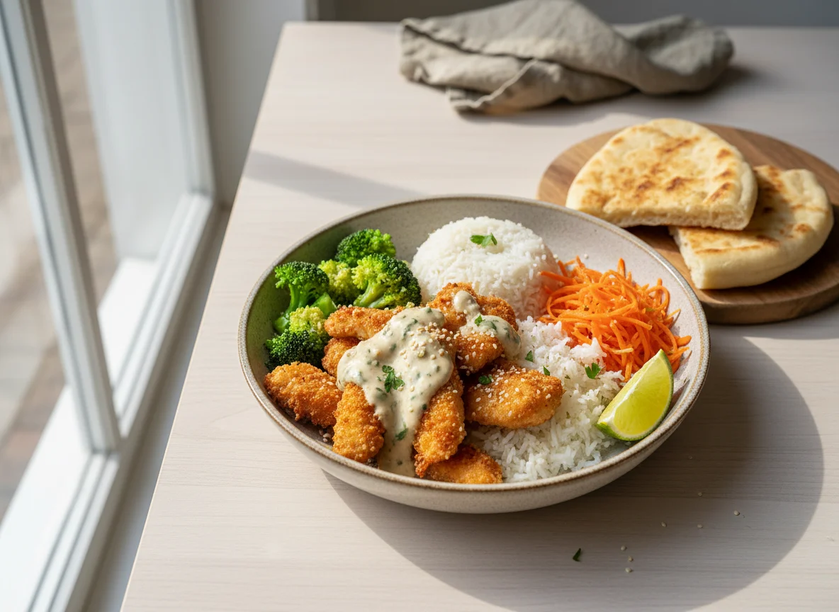Hähnchen-Reis-Bowl mit Gemüse und Sauce photo