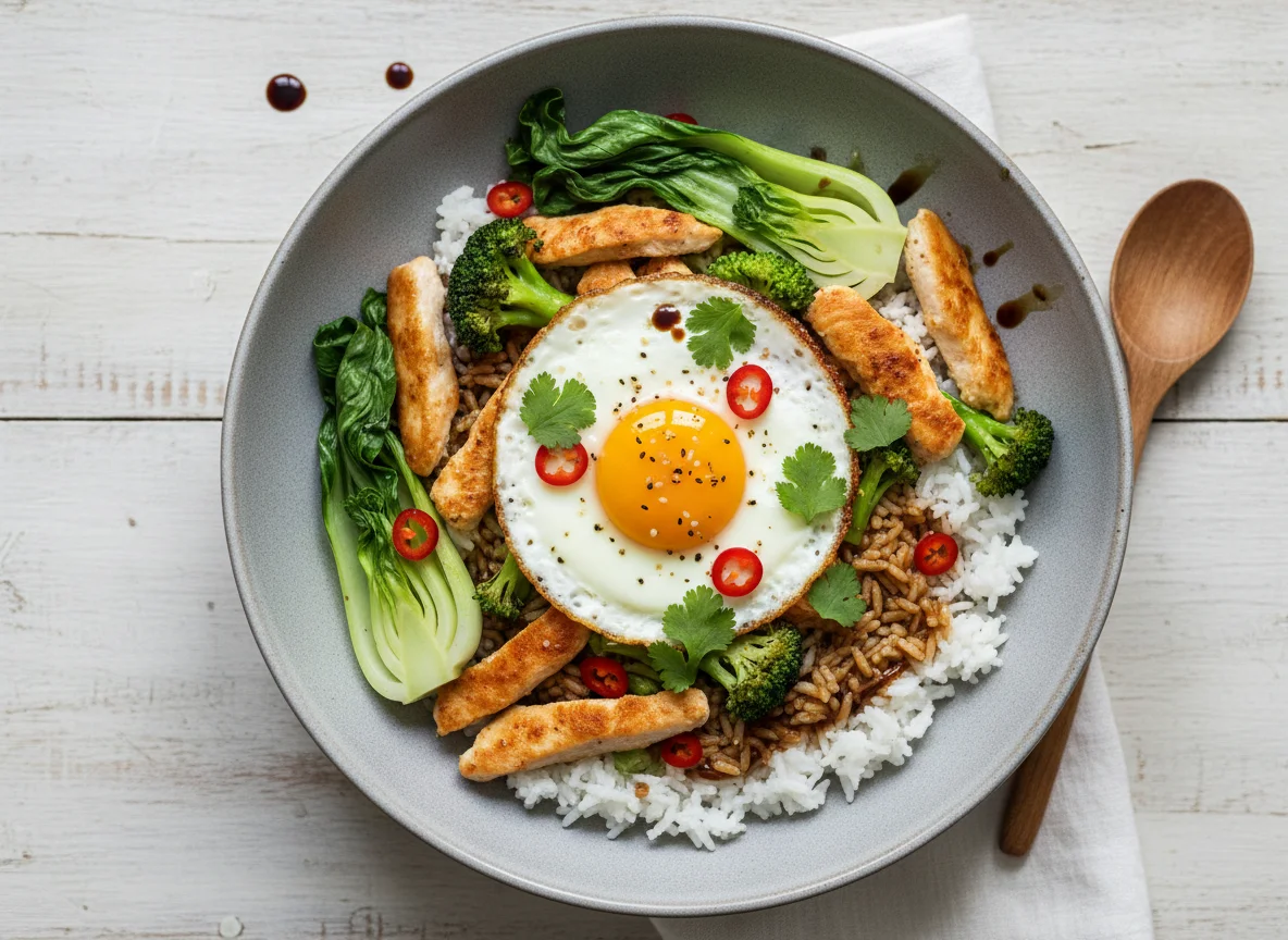 Hähnchen-Reis-Bowl mit Gemüse und Spiegelei photo