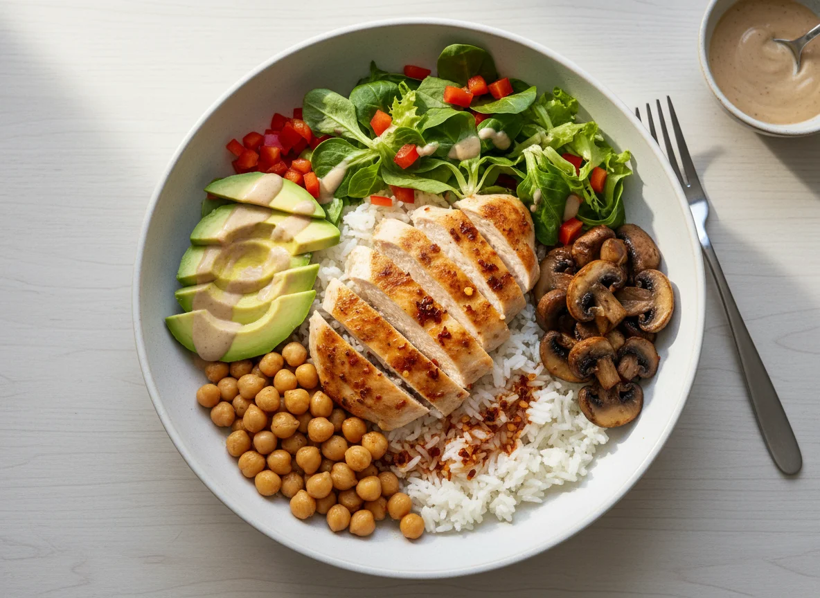 Hähnchen-Reis-Bowl mit Kichererbsen und Avocado photo