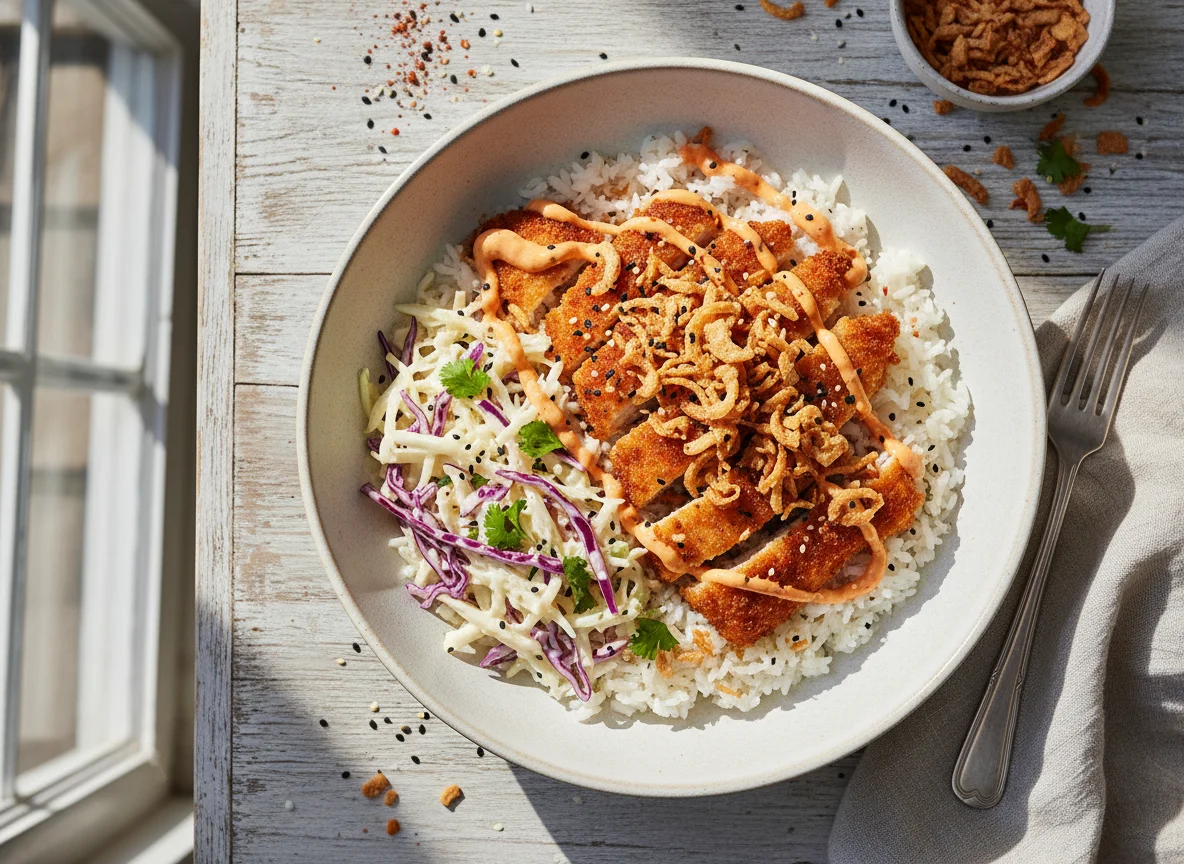 Hähnchen-Reis-Bowl mit Krautsalat und Röstzwiebeln photo