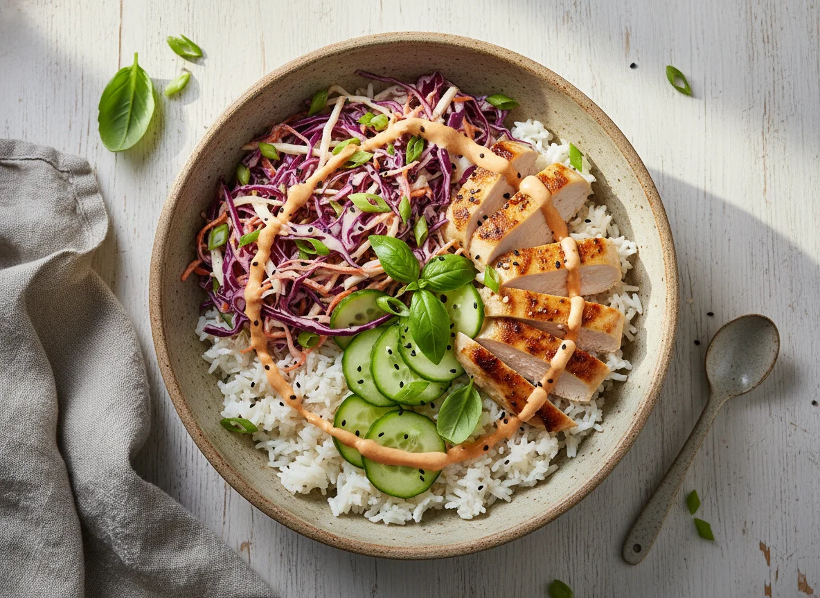 Hähnchen-Reis-Bowl mit Krautsalat und Sauce photo