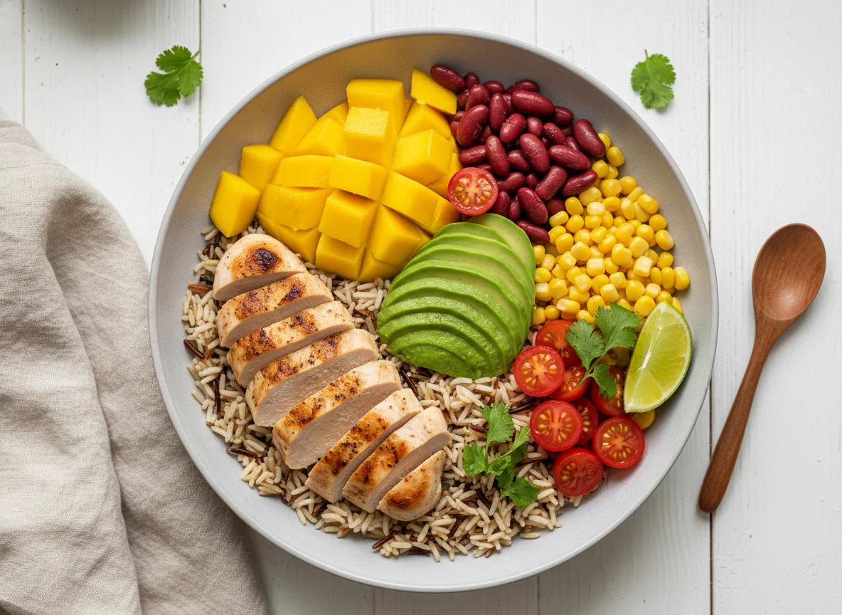 Hähnchen-Reis-Bowl mit Mango und Avocado photo