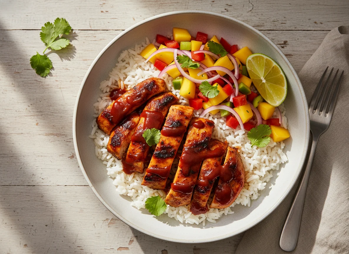 Hähnchen-Reis-Bowl mit Mango-Salsa photo