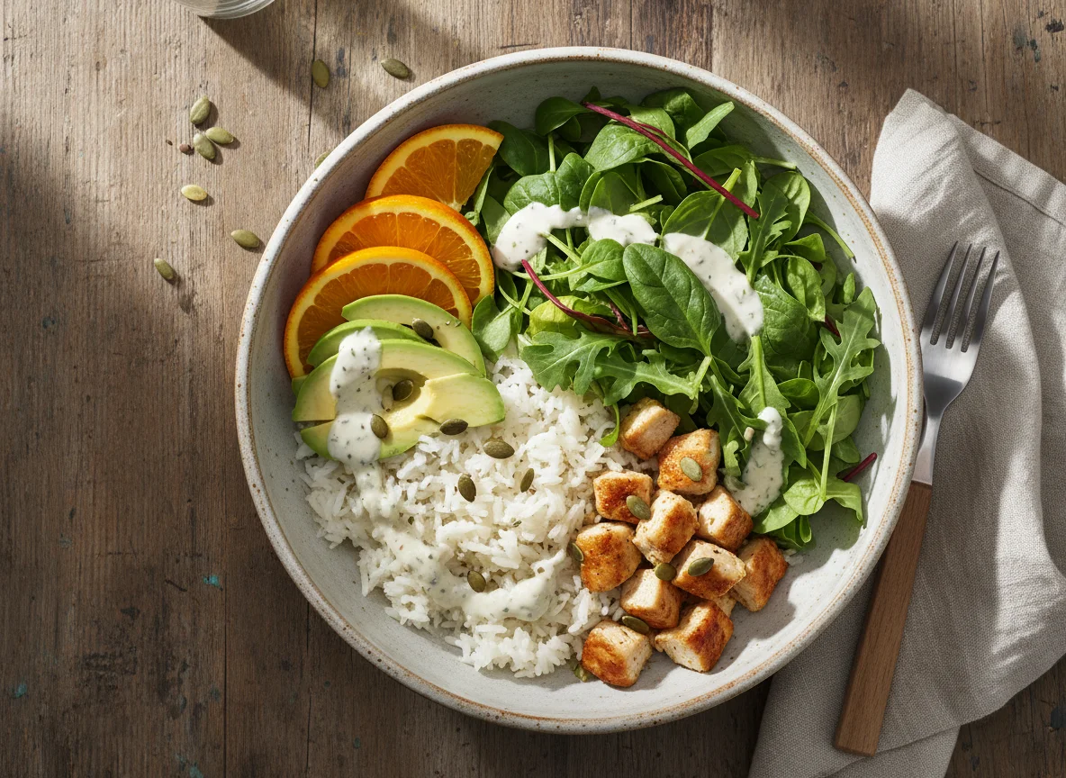 Hähnchen-Reis-Bowl mit Salat und Avocado photo