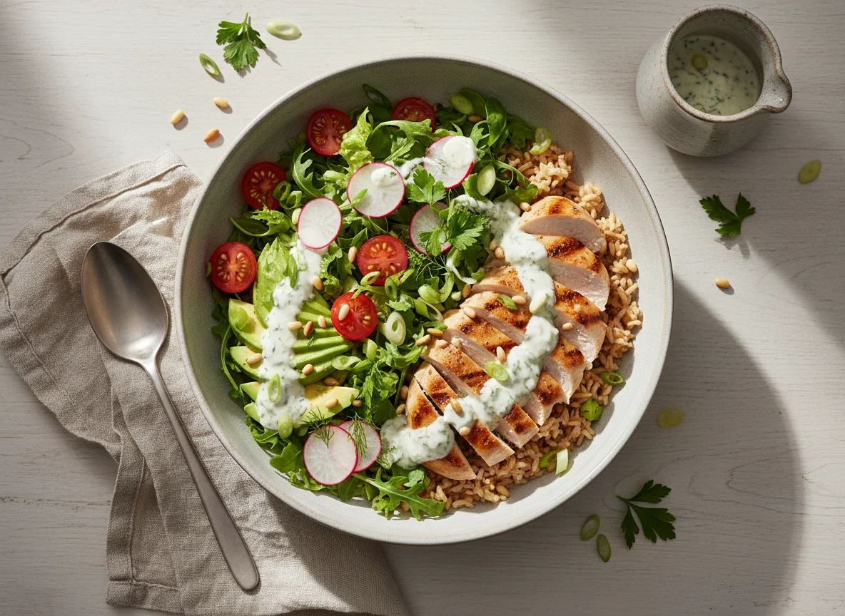 Hähnchen-Reis-Bowl mit Salat und Dressing photo