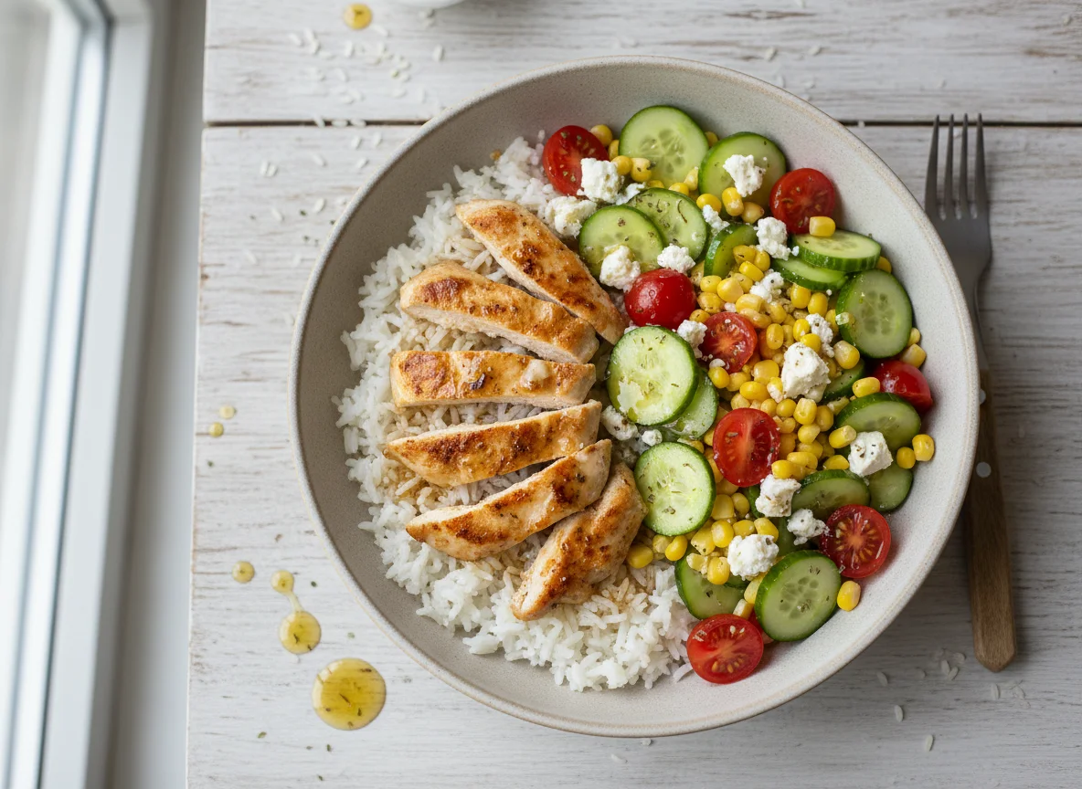 Hähnchen-Reis-Bowl mit Salat photo