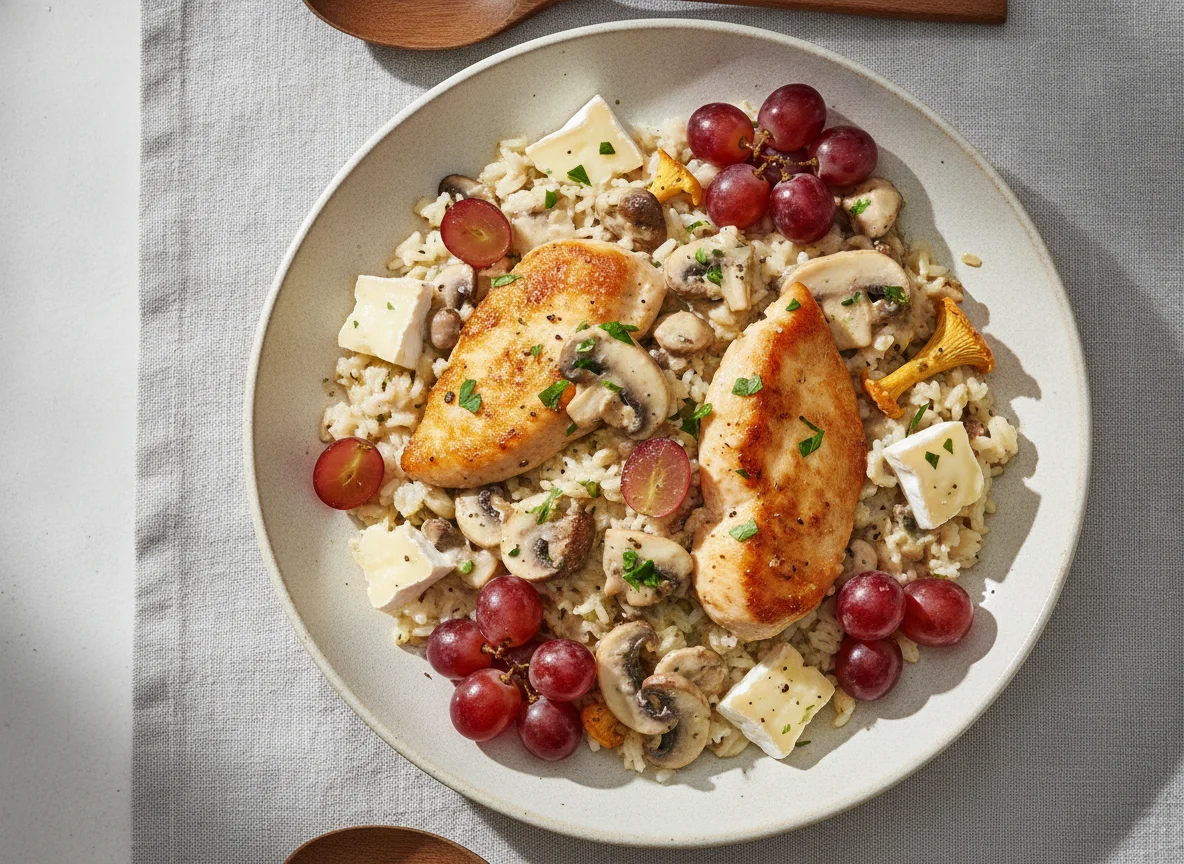 Hähnchen-Reis-Gericht mit Pilzen, Käse und Trauben photo