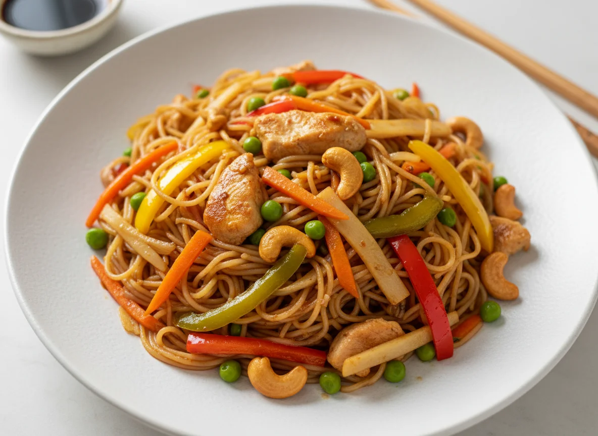 Hähnchen-Reisnudelpfanne mit Gemüse und Cashewkernen photo