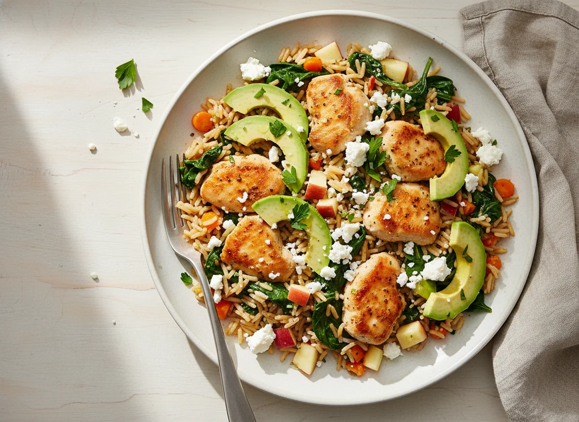 Hähnchen-Reis-Pfanne mit Apfel und Avocado photo