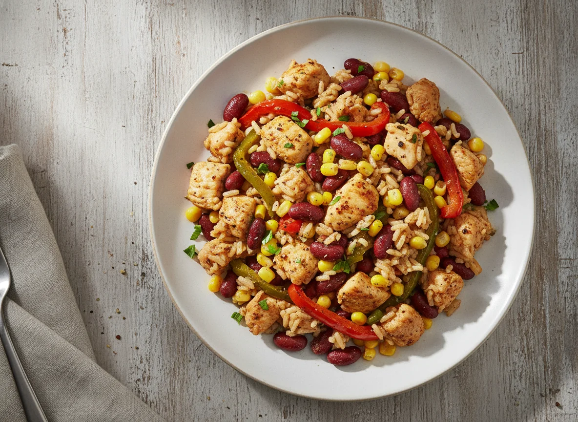 Hähnchen-Reis-Pfanne mit Bohnen und Mais photo