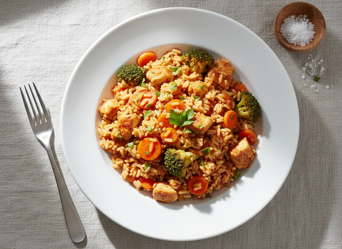 Hähnchen-Reis-Pfanne mit Brokkoli und Karotten photo