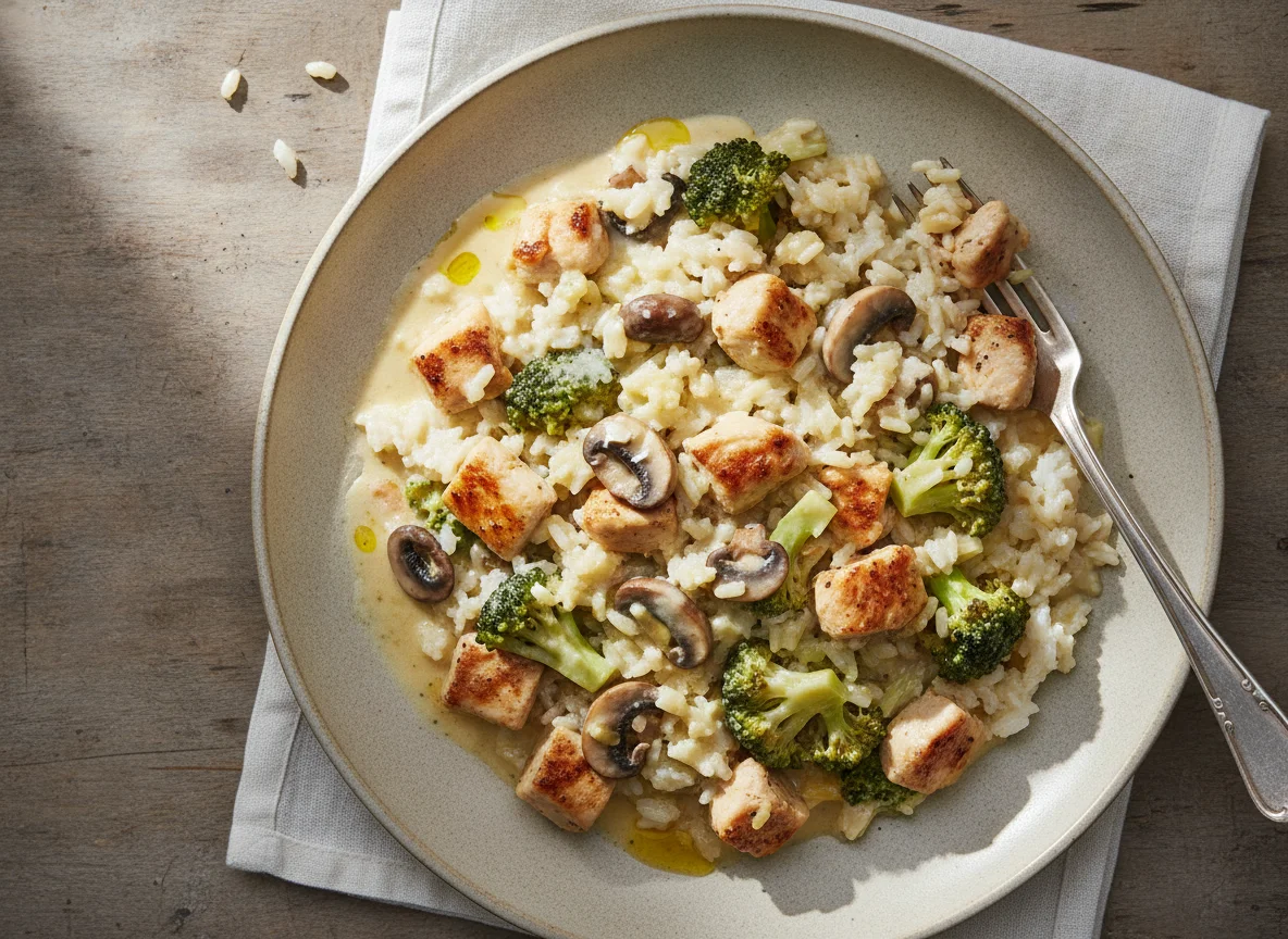 Hähnchen-Reis-Pfanne mit Brokkoli und Pilzen photo