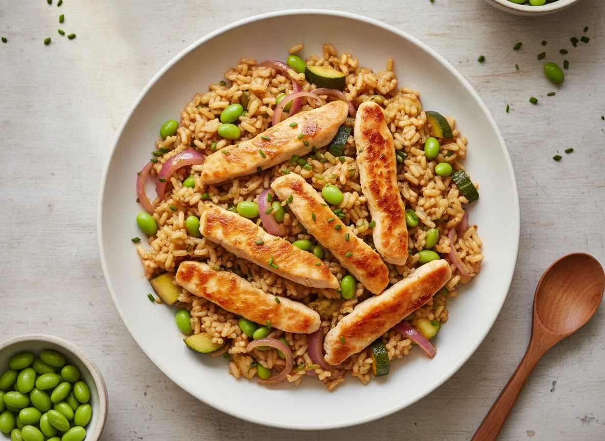 Hähnchen-Reis-Pfanne mit Edamame und Gemüse photo
