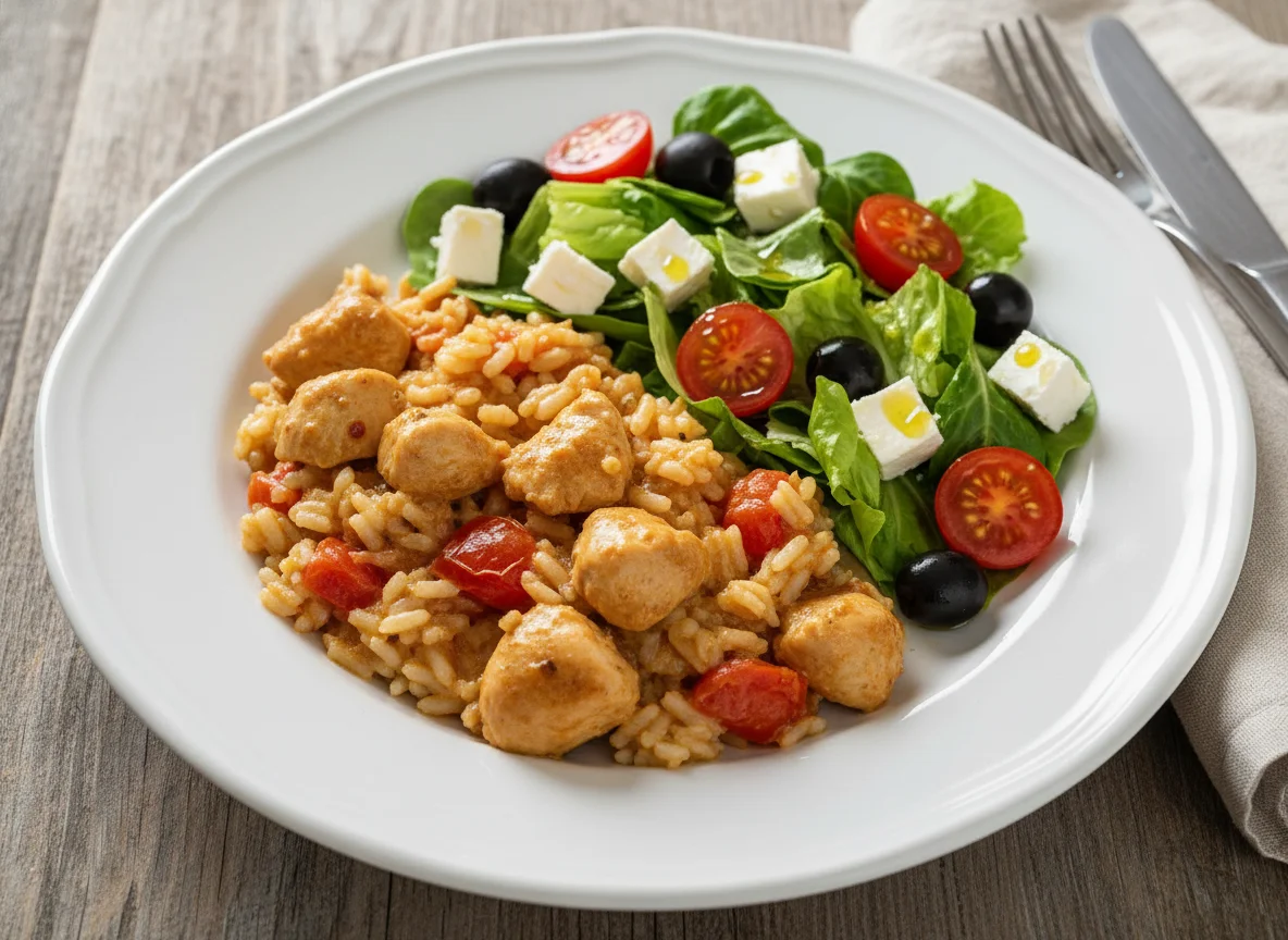 Hähnchen-Reis-Pfanne mit Feta-Salat photo