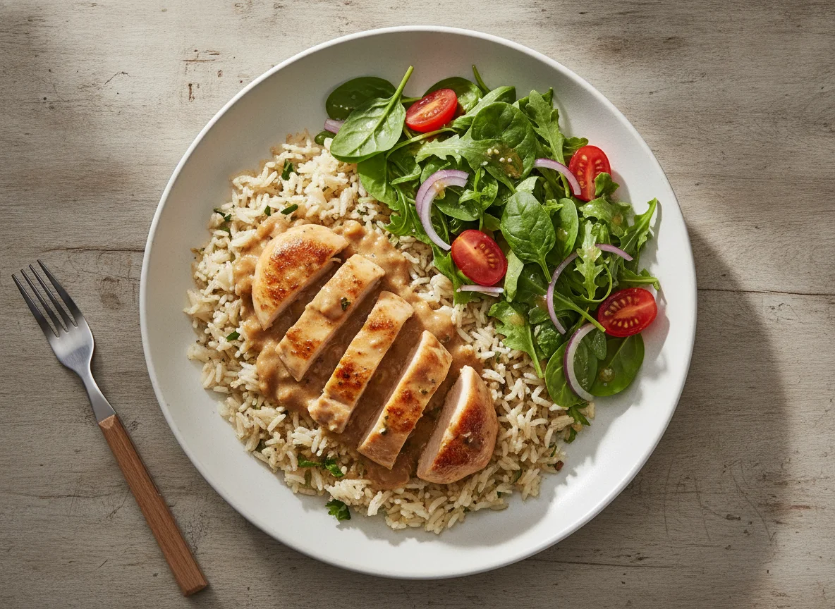 Hähnchen-Reis-Pfanne mit gemischtem Salat photo
