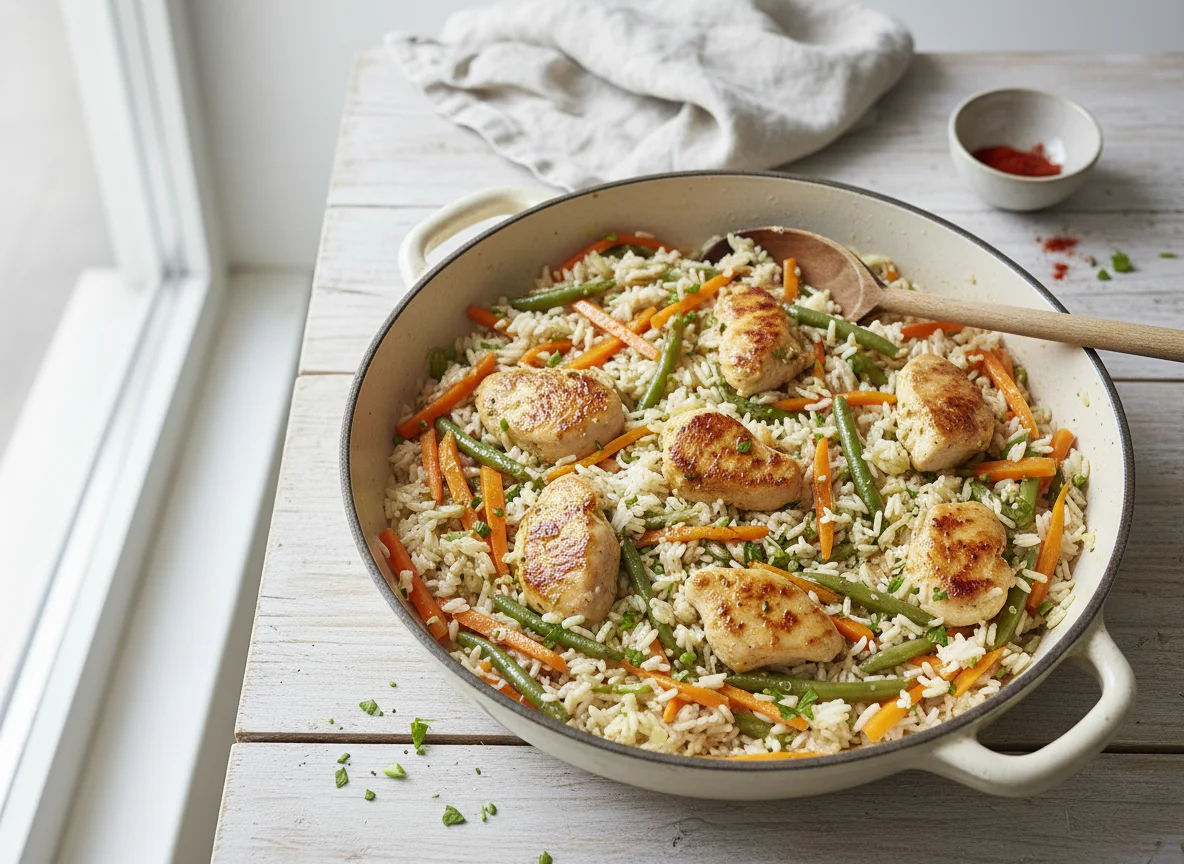 Hähnchen-Reis-Pfanne mit Gemüse photo