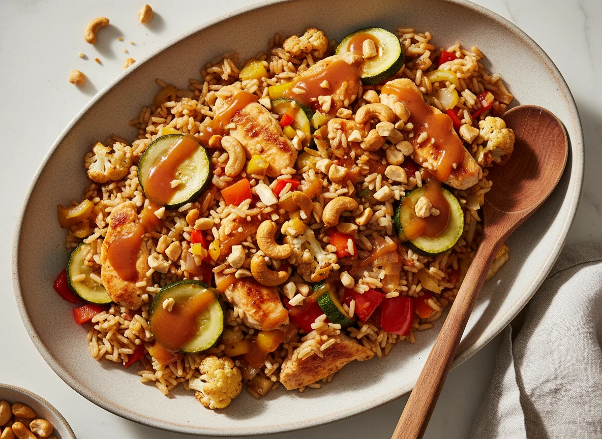 Hähnchen-Reis-Pfanne mit Gemüse und Cashewkernen photo