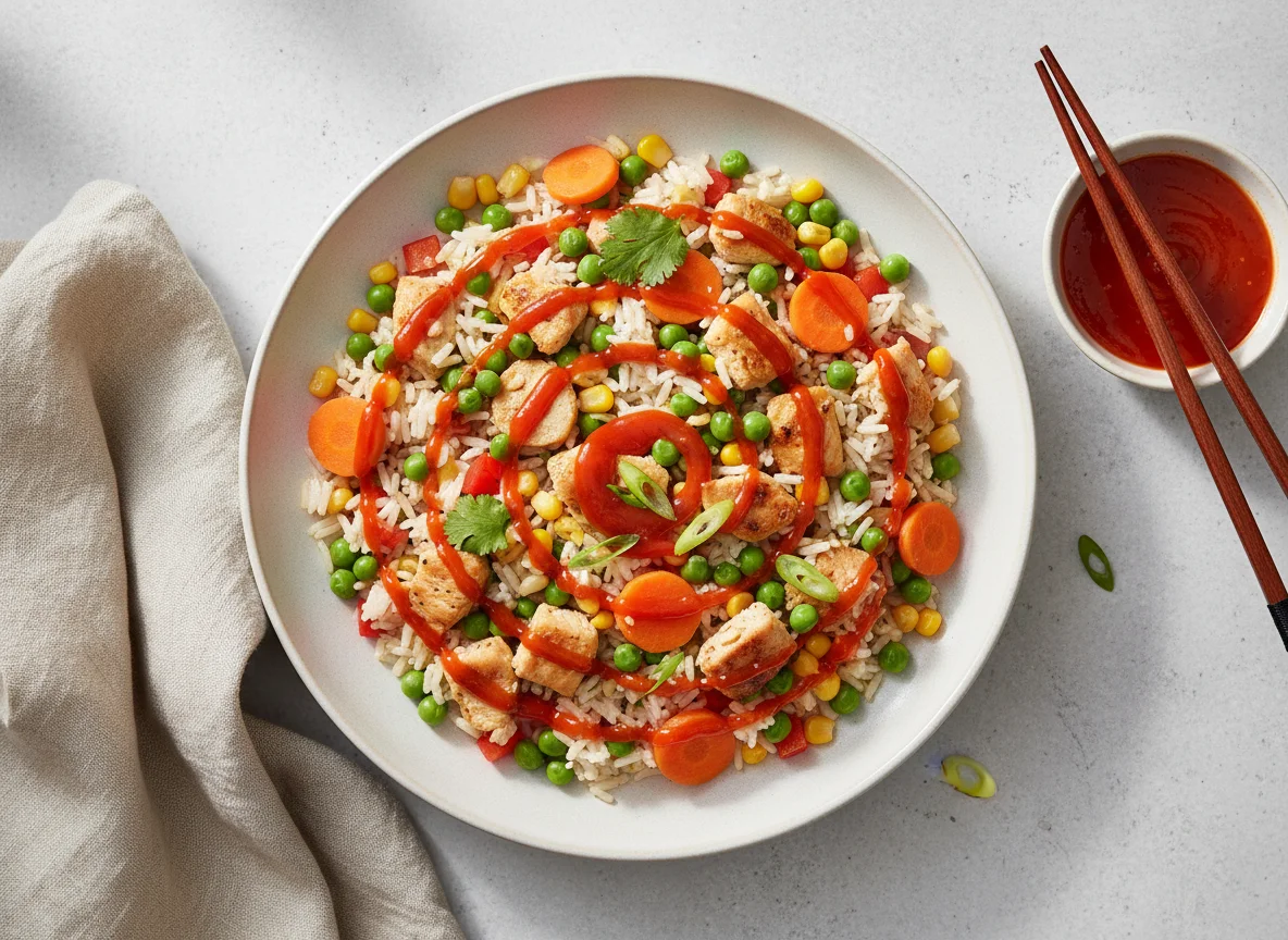 Hähnchen-Reis-Pfanne mit Gemüse und Chilisauce photo
