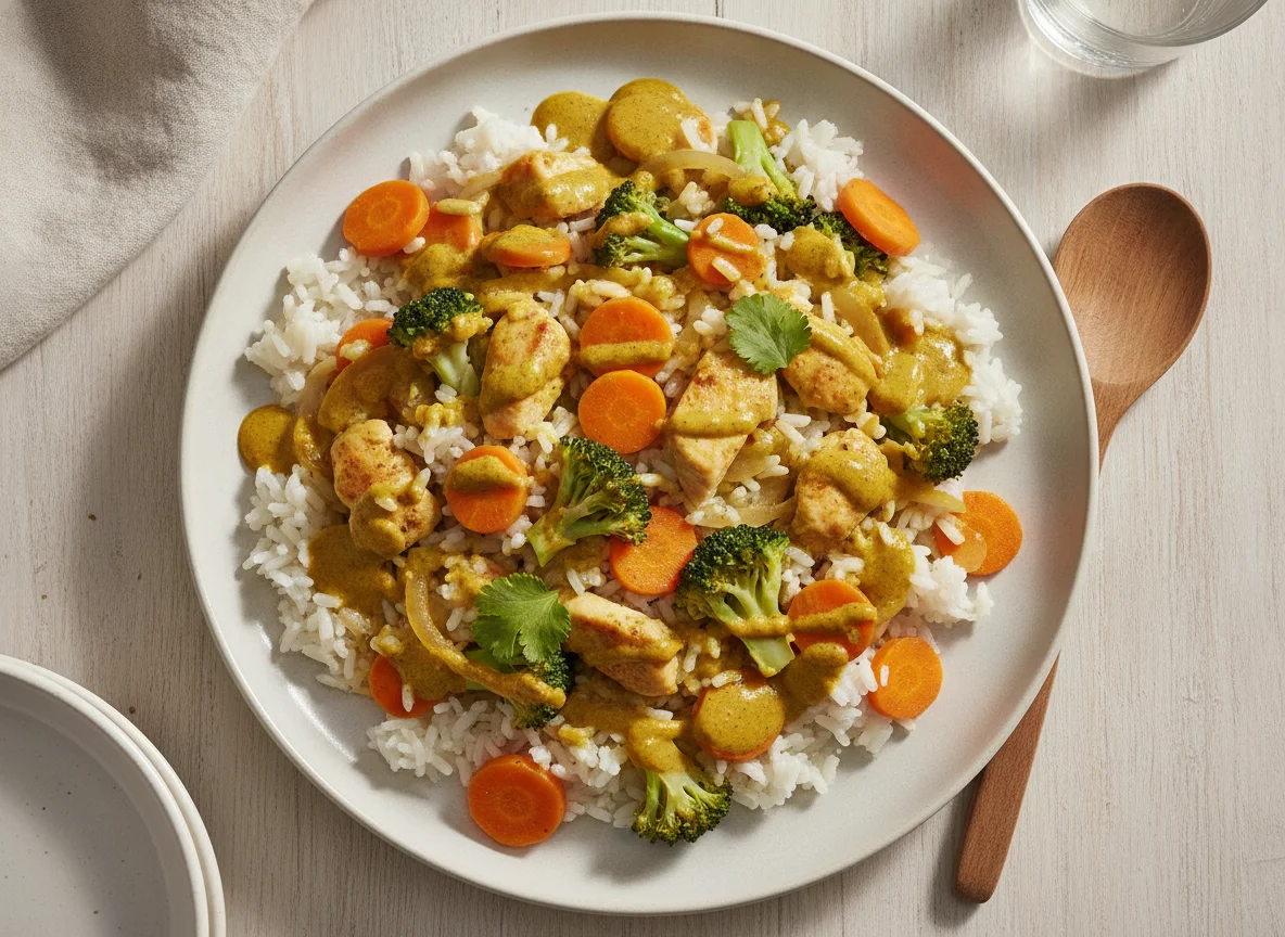 Hähnchen-Reis-Pfanne mit Gemüse und Currysauce photo