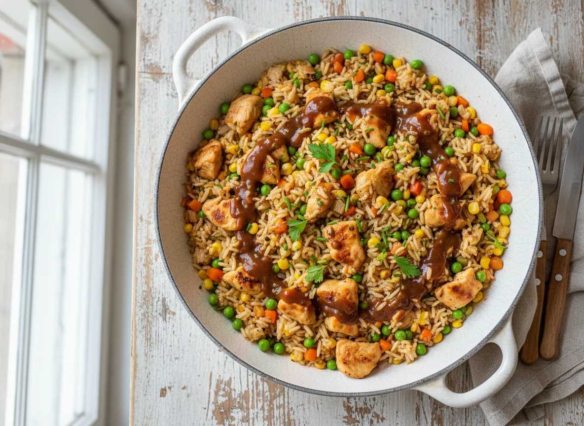 Hähnchen-Reis-Pfanne mit Gemüse und Sauce photo