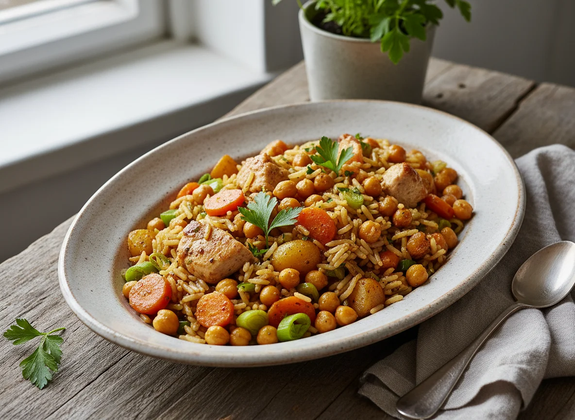 Hähnchen-Reis-Pfanne mit Kichererbsen photo