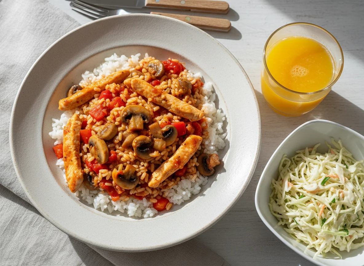 Hähnchen-Reis-Pfanne mit Krautsalat und Orangensaft photo