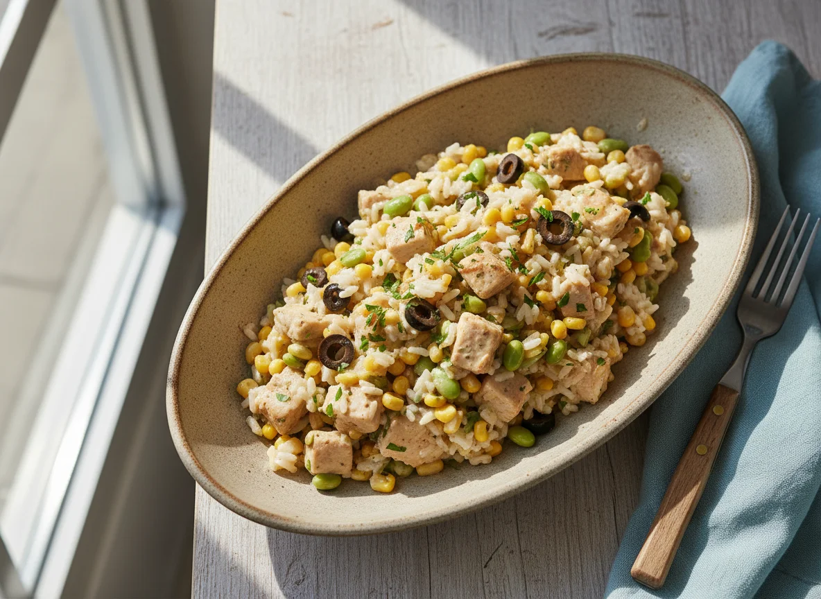 Hähnchen-Reis-Pfanne mit Mais und Oliven photo