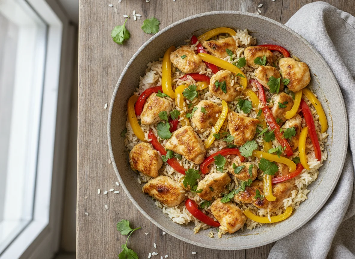 Hähnchen-Reis-Pfanne mit Paprika und Kräutern photo