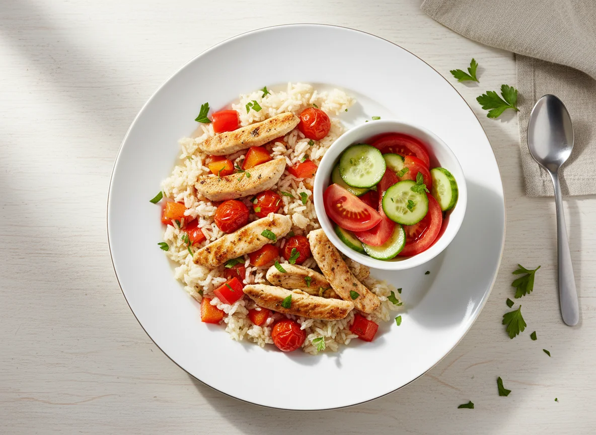 Hähnchen-Reis-Pfanne mit Paprika und Tomaten-Gurken-Salat photo