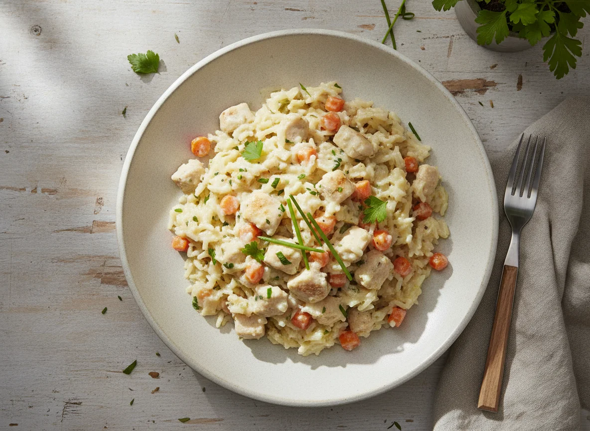 Hähnchen-Reis-Pfanne mit Sahnesauce photo