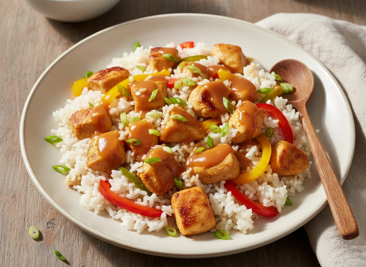 Hähnchen-Reis-Pfanne mit Sauce photo