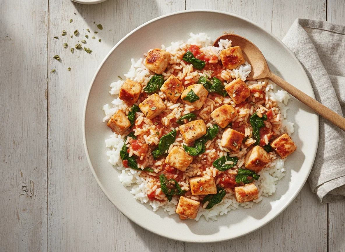 Hähnchen-Reis-Pfanne mit Spinat photo