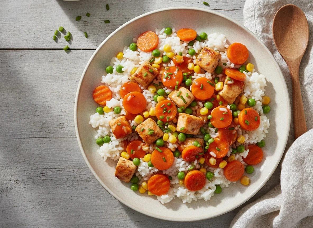 Hähnchen-Reis-Pfanne mit Süß-Sauer-Soße photo