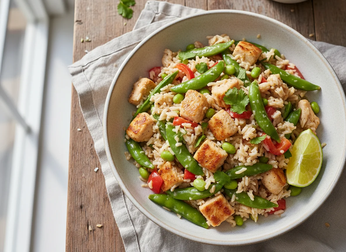 Hähnchen-Reis-Pfanne mit Zuckerschoten photo
