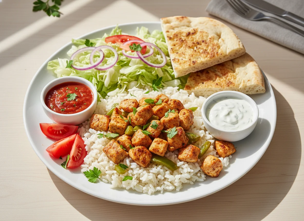 Hähnchen-Reis-Platte mit Beilagen photo