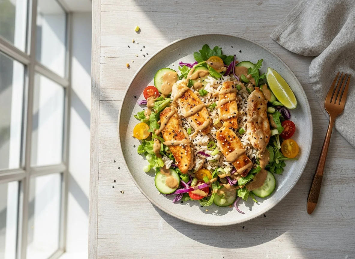 Hähnchen-Reis-Salat mit Dressing photo