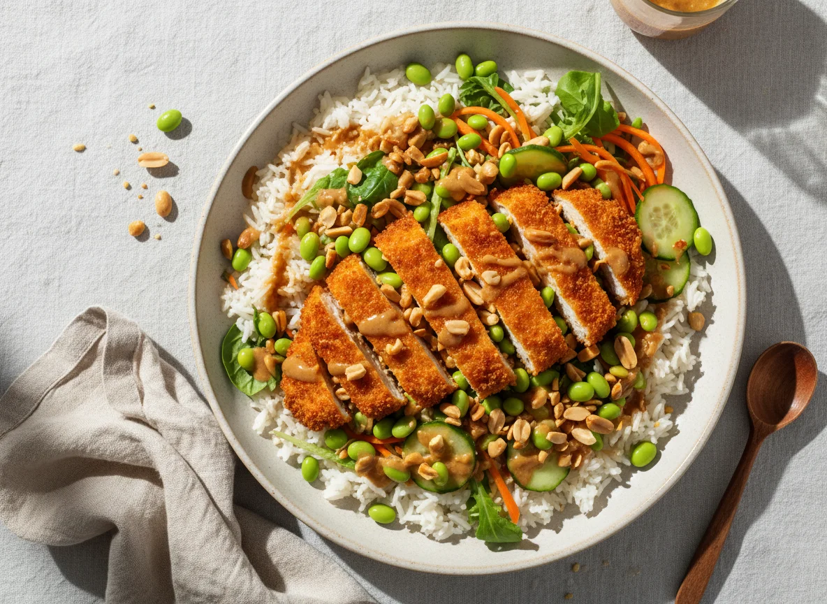 Hähnchen-Reis-Salat mit Edamame und Erdnüssen photo