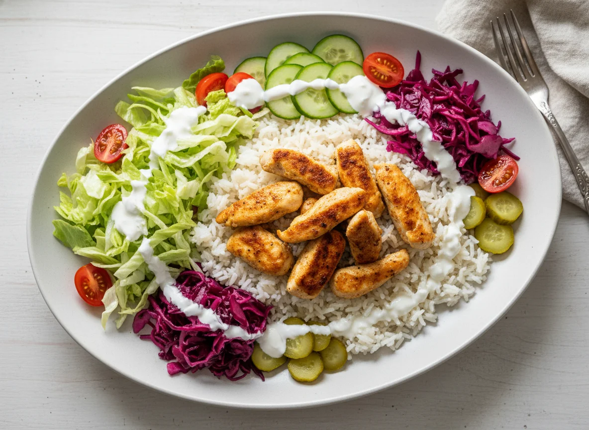 Hähnchen-Reis-Teller mit Salat photo