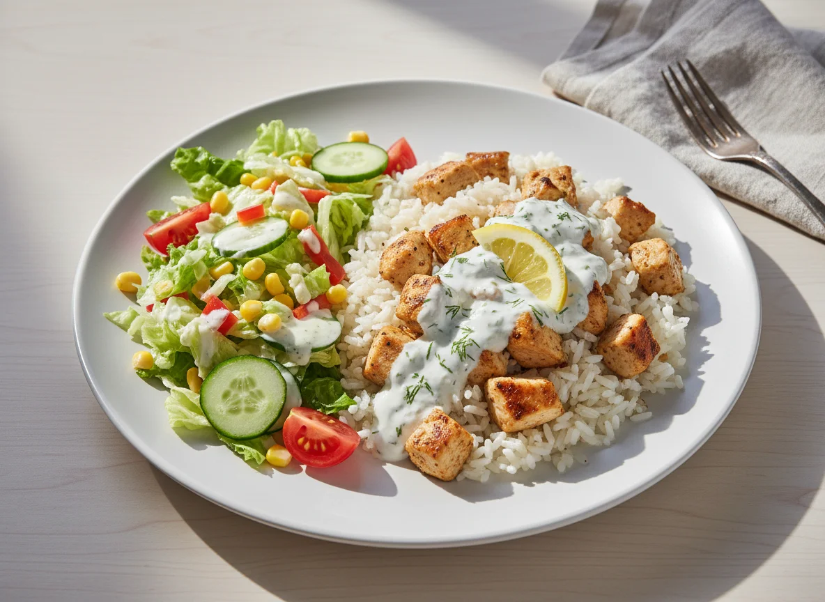 Hähnchen-Reis-Teller mit Salat und Joghurtsoße photo