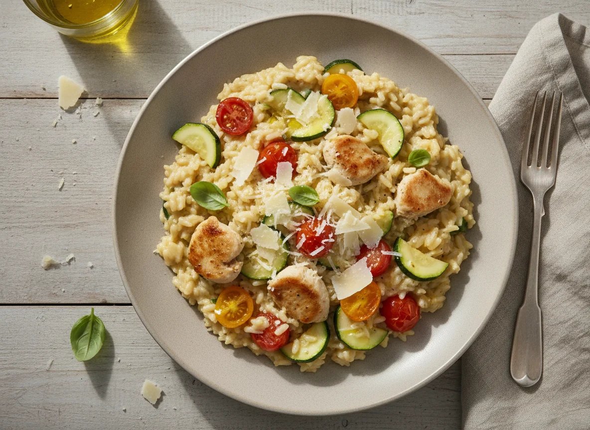 Hähnchen-Risotto mit Zucchini und Kirschtomaten photo