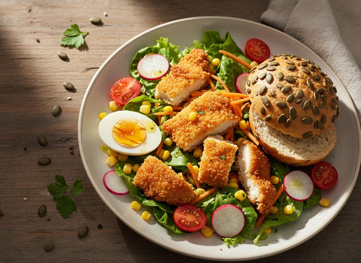 Hähnchensalat mit Backhendl, Ei und Kürbiskernsemmel photo