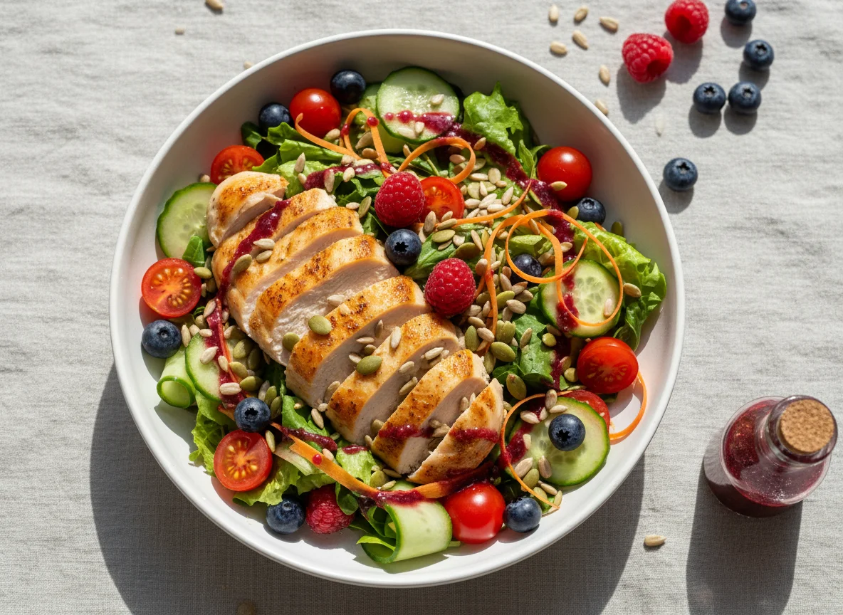 Hähnchensalat mit Beeren und Kernen photo