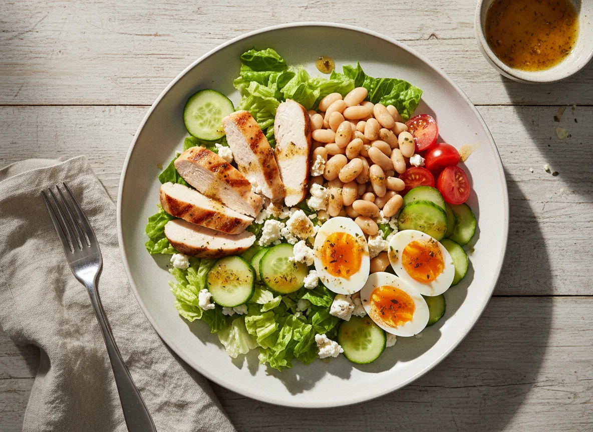 Hähnchensalat mit Bohnen und Ei photo