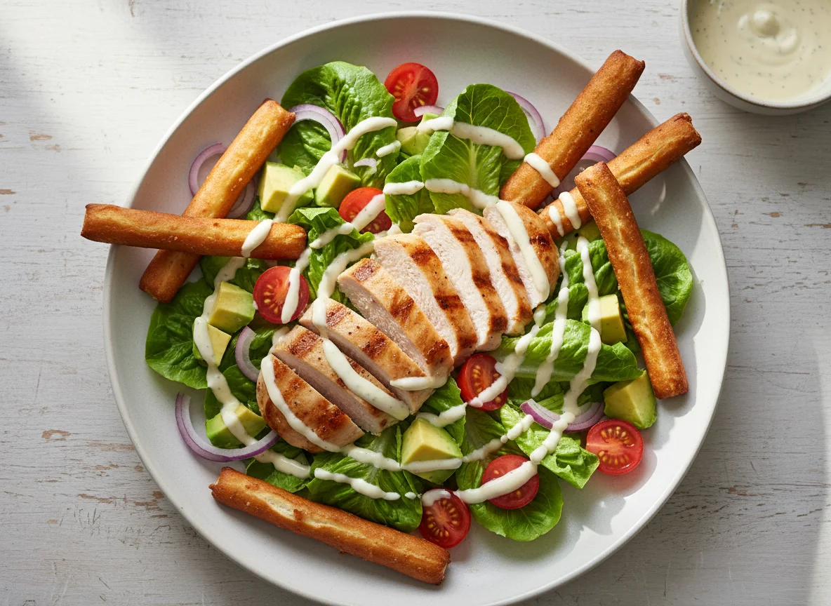 Hähnchensalat mit Brezelstangen und Dressing photo